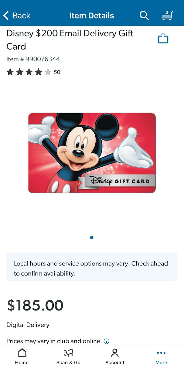 Disney gift card price at Sam's Club